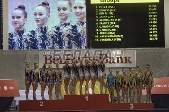 Белорусская команда завоевала серебро в групповых упражнениях с 5 мячами на этапе Кубка мира по художественной гимнастике в Минске