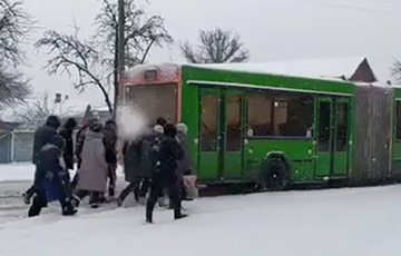 В Гомеле пассажиры выталкивали автобусы из снежных завалов