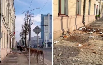 В Могилеве с крыши школы прямо на тротуар рухнула штукатурка с кирпичами